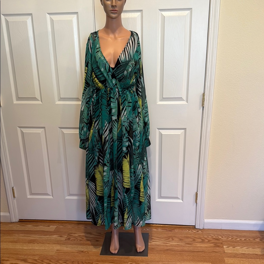 Green and Blue Tiered Wrap dress with Bishop Sleeves